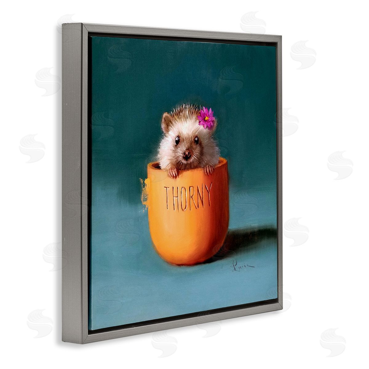 Lucia Heffernan Thorny Hedgehog Peeking Pink Daisy Flower Accent Gray Floating Frame Canvas Wall Art Print