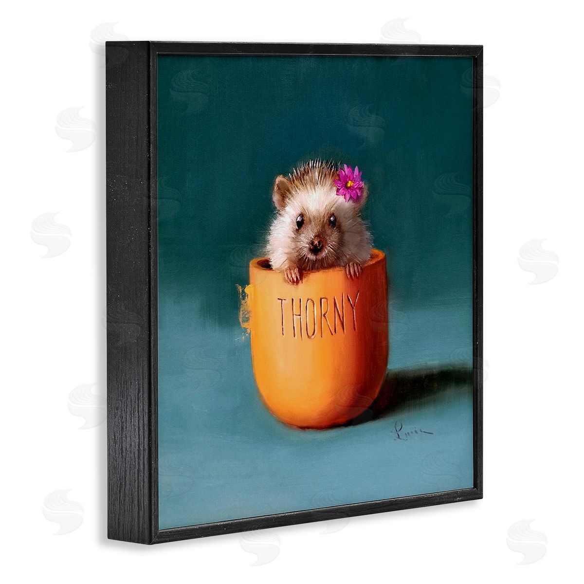 Lucia Heffernan Thorny Hedgehog Peeking Pink Daisy Flower Accent Black Framed Glicee Wall Art Print