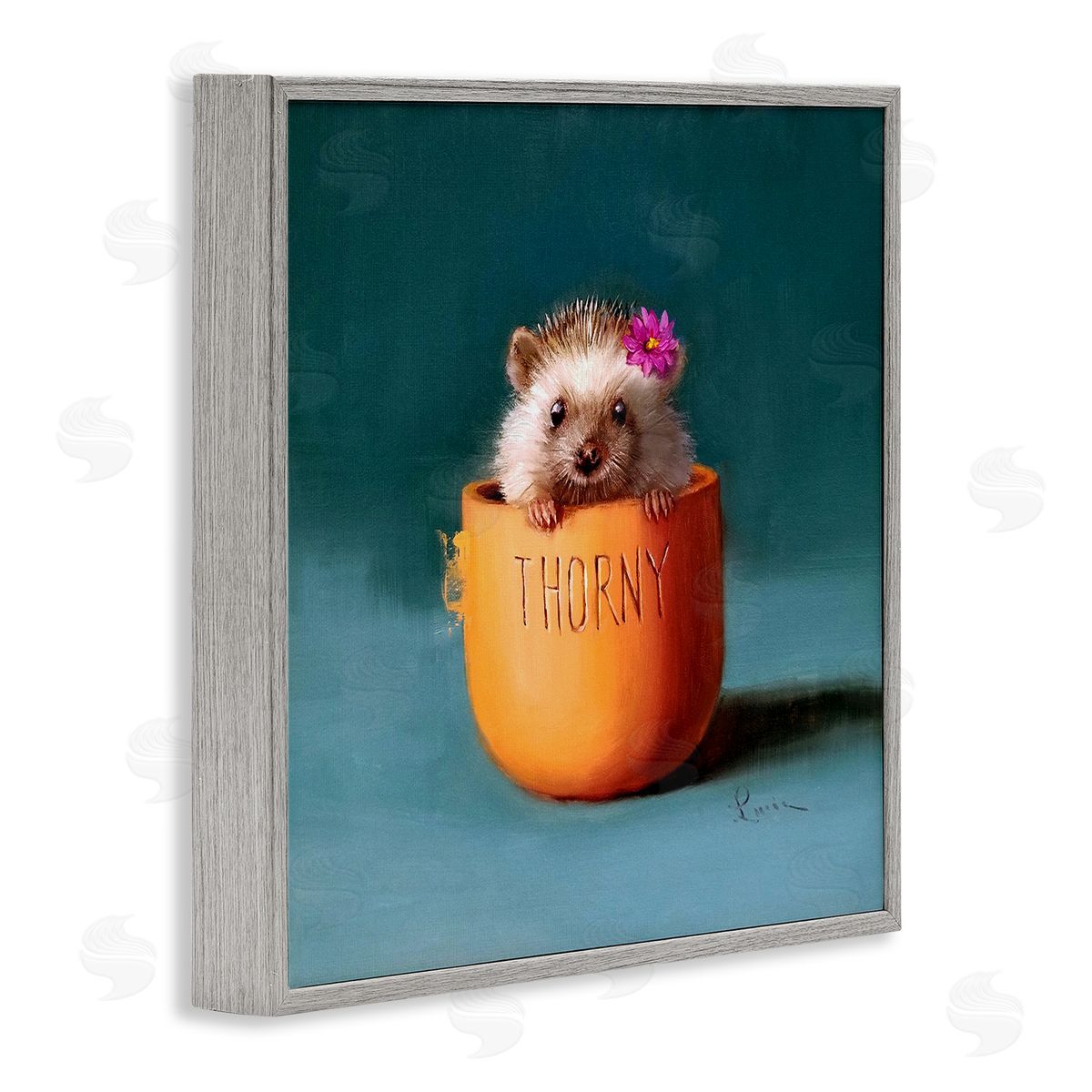 Lucia Heffernan Thorny Hedgehog Peeking Pink Daisy Flower Accent Gray Framed Glicee Wall Art Print
