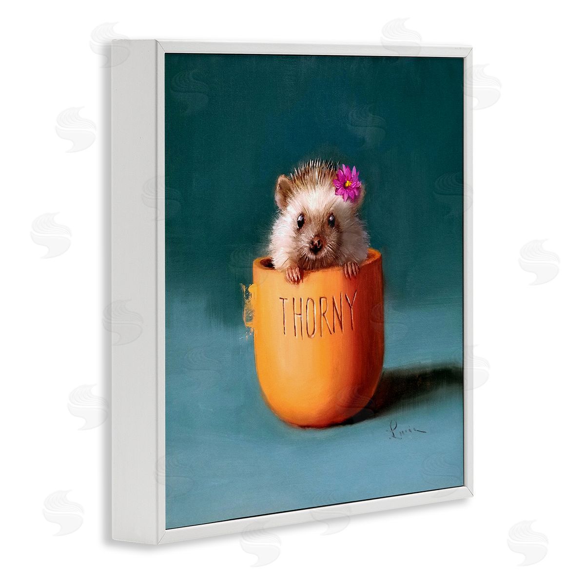Lucia Heffernan Thorny Hedgehog Peeking Pink Daisy Flower Accent White Framed Glicee Wall Art Print