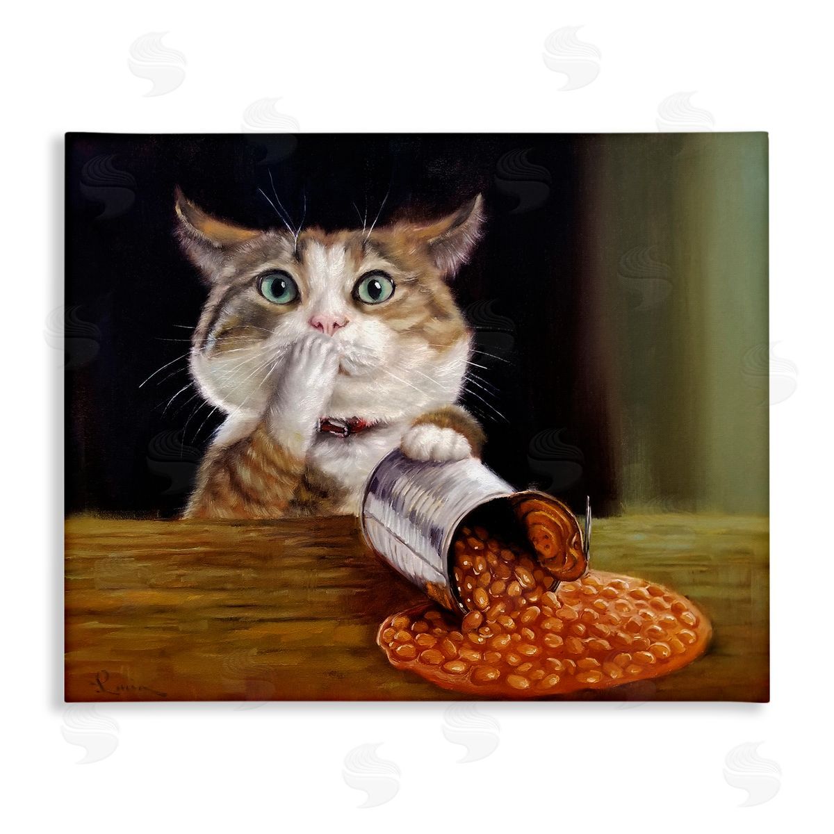 Lucia Heffernan Spilled The Beans Humorous Cat Kitchen Animal Painting Stretched Canvas Wall Art Print