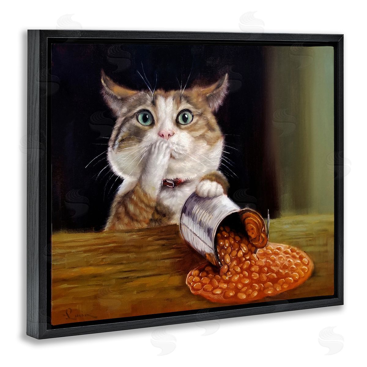 Lucia Heffernan Spilled The Beans Humorous Cat Kitchen Animal Painting Black Floating Frame Canvas Wall Art Print