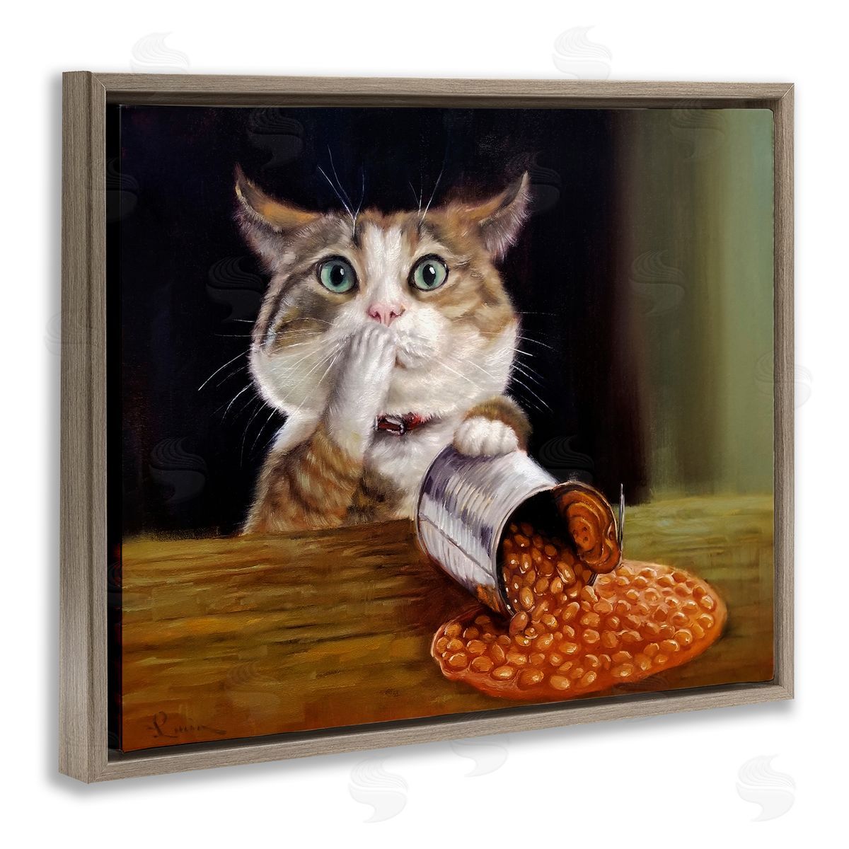 Lucia Heffernan Spilled The Beans Humorous Cat Kitchen Animal Painting Brown Floating Frame Canvas Wall Art Print