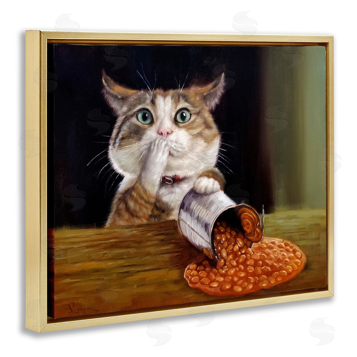 Lucia Heffernan Spilled The Beans Humorous Cat Kitchen Animal Painting Gold Floating Frame Canvas Wall Art Print