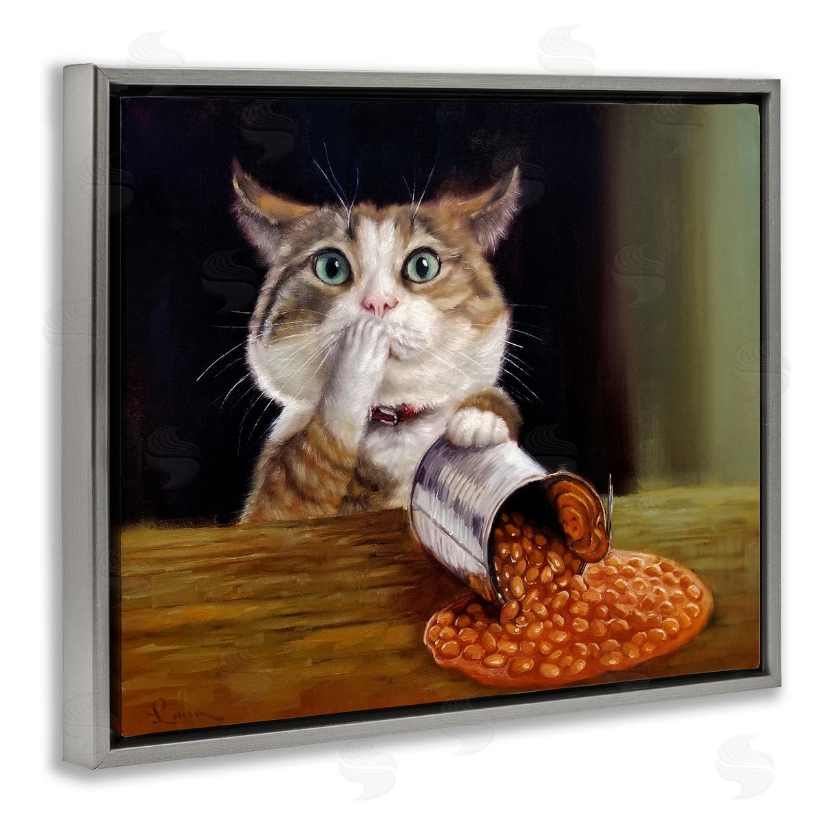 Lucia Heffernan Spilled The Beans Humorous Cat Kitchen Animal Painting Gray Floating Frame Canvas Wall Art Print