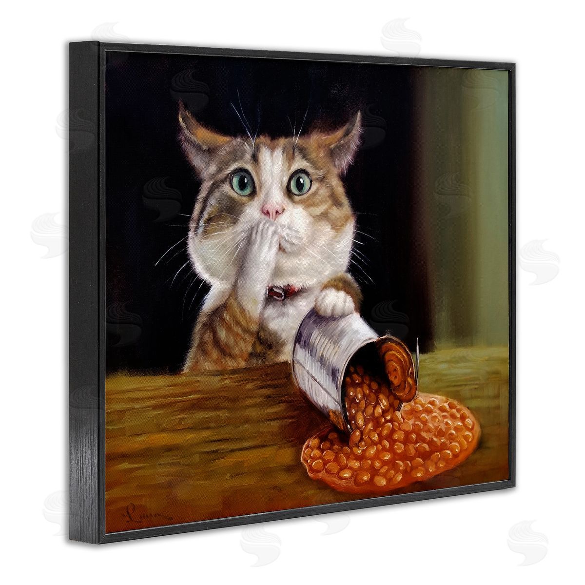Lucia Heffernan Spilled The Beans Humorous Cat Kitchen Animal Painting Black Framed Giclee Wall Art Print