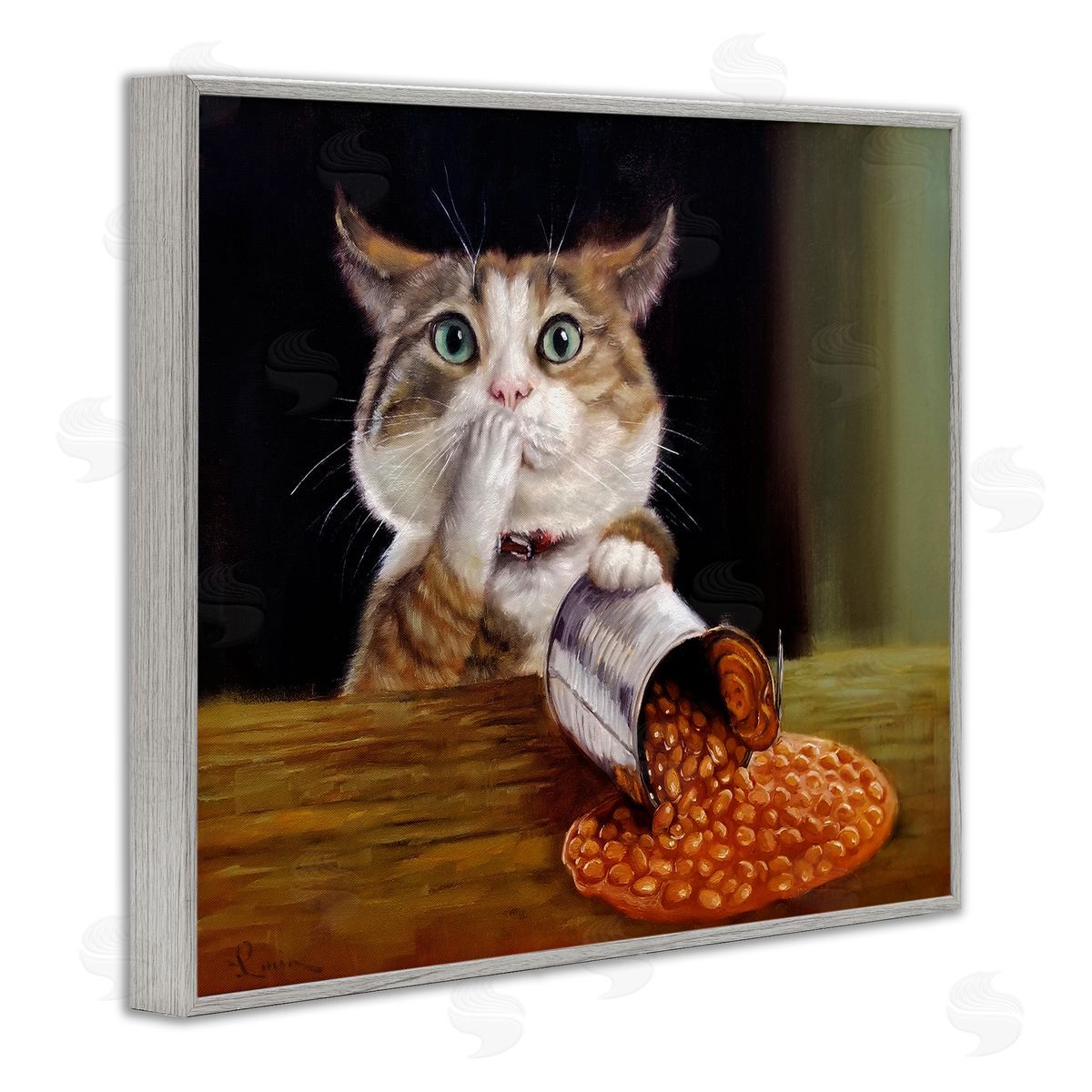 Lucia Heffernan Spilled The Beans Humorous Cat Kitchen Animal Painting Gray Framed Giclee Wall Art Print