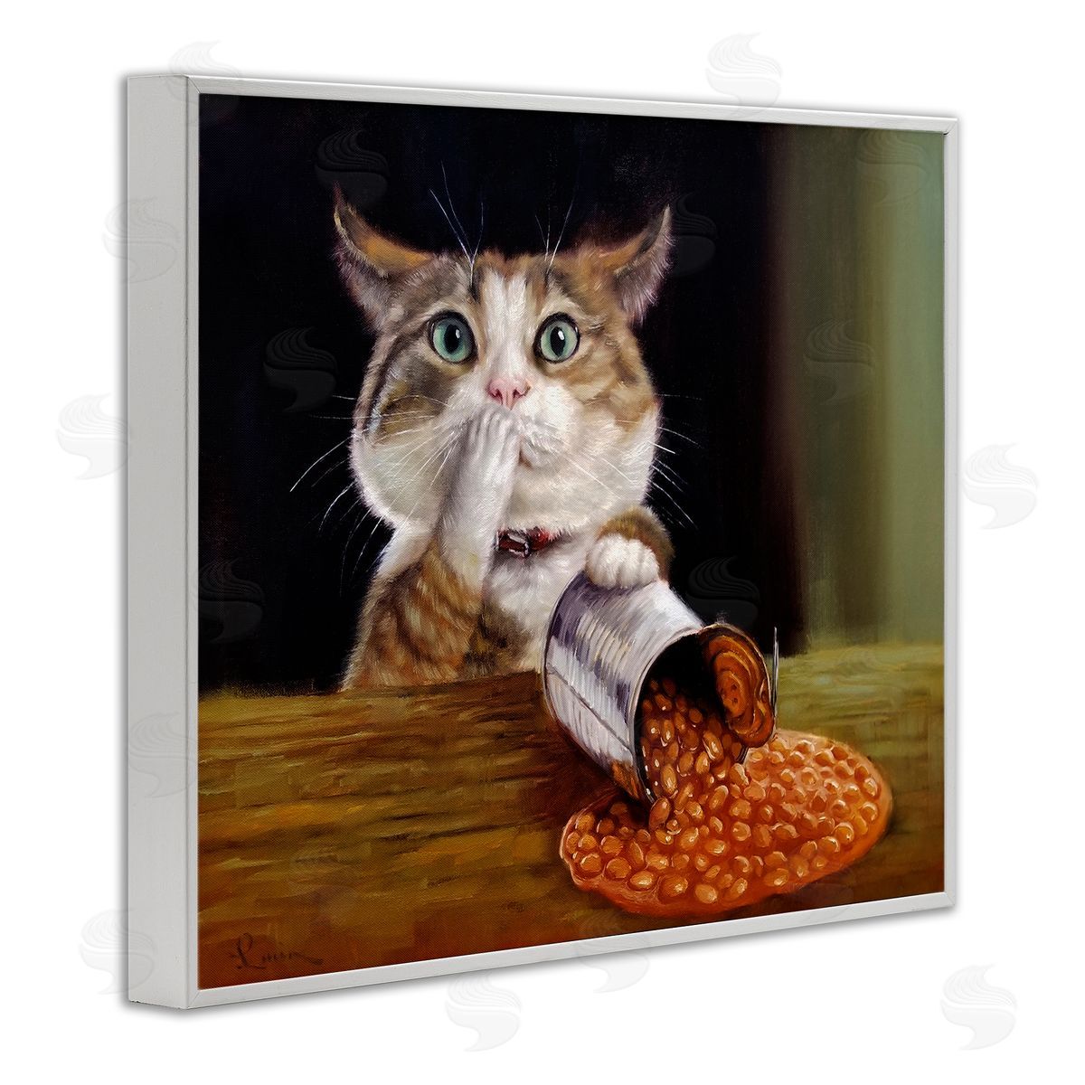 Lucia Heffernan Spilled The Beans Humorous Cat Kitchen Animal Painting White Framed Giclee Wall Art Print