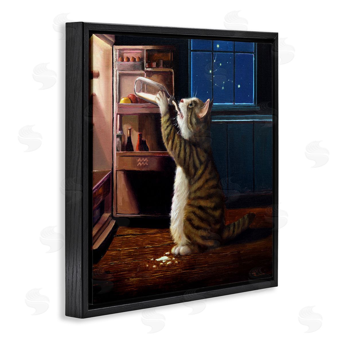 Lucia Heffernan Midnight Snack Cat Drinking Milk Kitchen Aquarius Symbol Black Floating Frame Canvas Wall Art Print