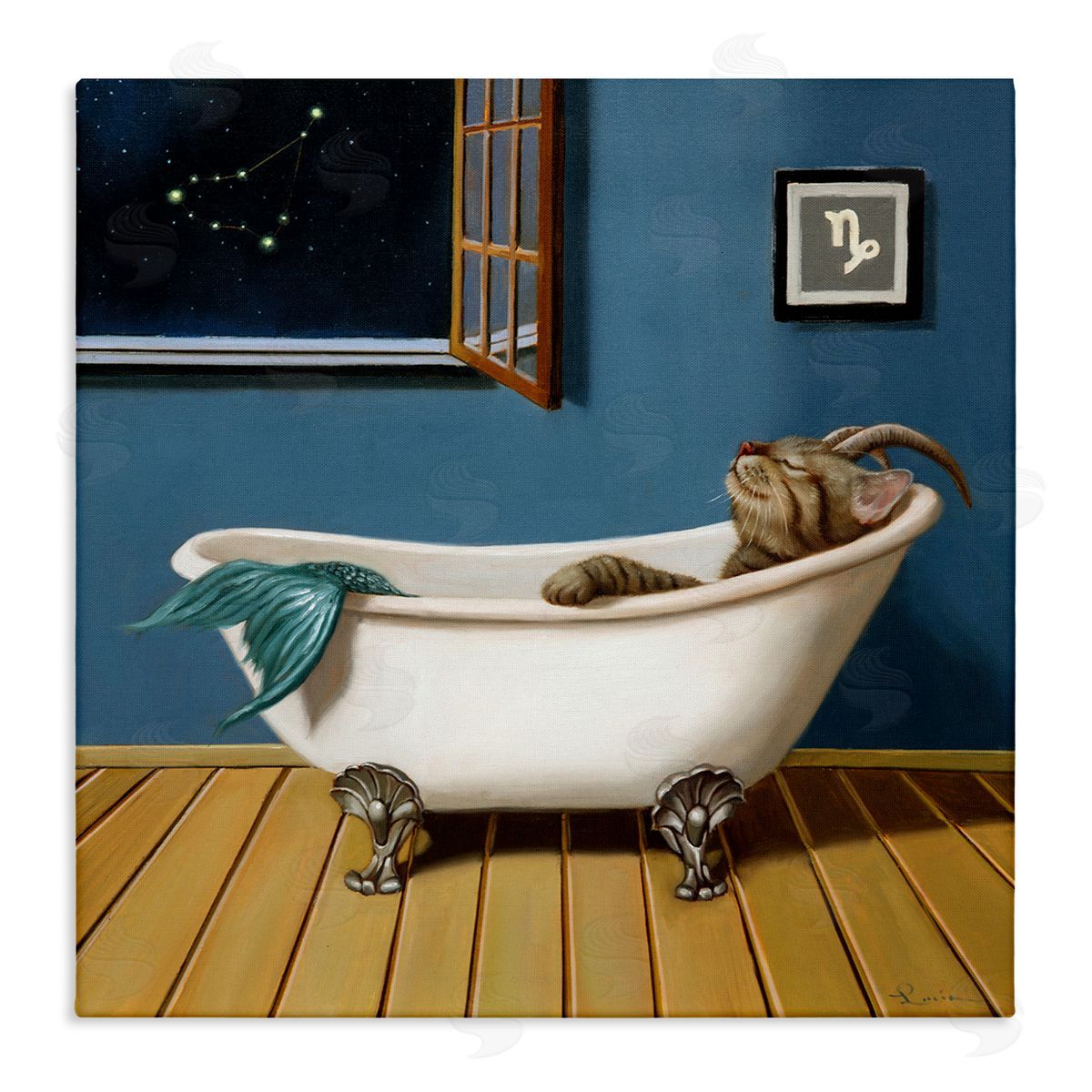 Lucia Heffernan Mystical Cat Mermaid Bath Capricorn Astrology Constellation Stretched Canvas Wall Art Print