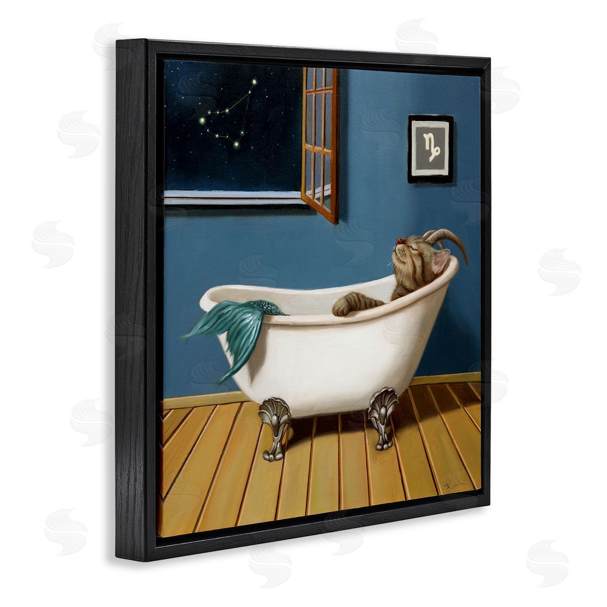 Lucia Heffernan Mystical Cat Mermaid Bath Capricorn Astrology Constellation Black Floating Frame Canvas Wall Art Print
