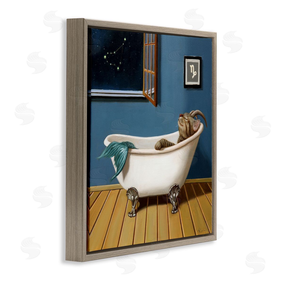 Lucia Heffernan Mystical Cat Mermaid Bath Capricorn Astrology Constellation Brown Floating Frame Canvas Wall Art Print