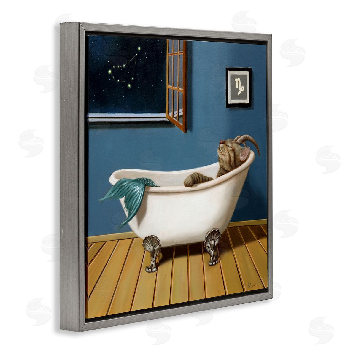 Lucia Heffernan Mystical Cat Mermaid Bath Capricorn Astrology Constellation Gray Floating Frame Canvas Wall Art Print
