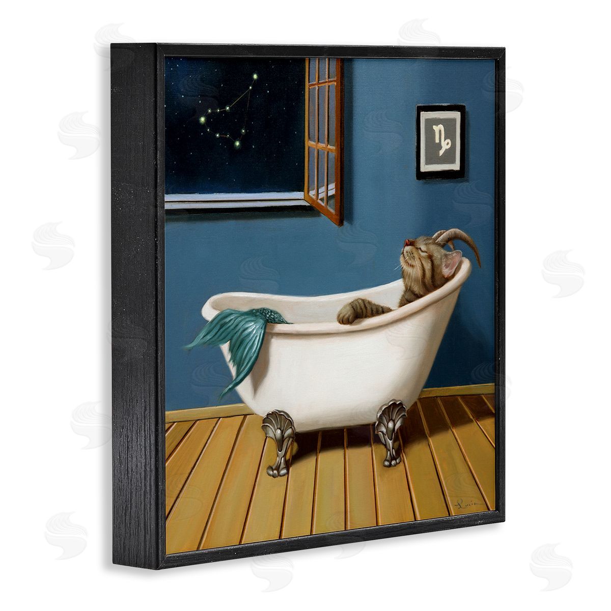 Lucia Heffernan Mystical Cat Mermaid Bath Capricorn Astrology Constellation Black Framed Glicee Wall Art Print