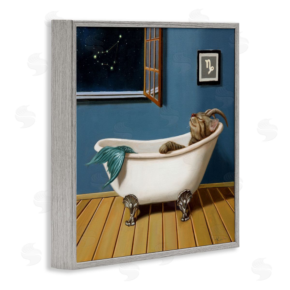 Lucia Heffernan Mystical Cat Mermaid Bath Capricorn Astrology Constellation Gray Framed Glicee Wall Art Print