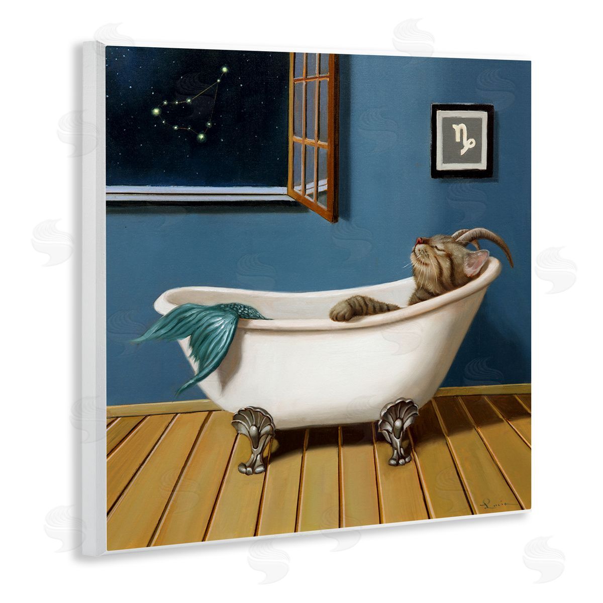 Lucia Heffernan Mystical Cat Mermaid Bath Capricorn Astrology Constellation Wooden Wall Plaque Art Print