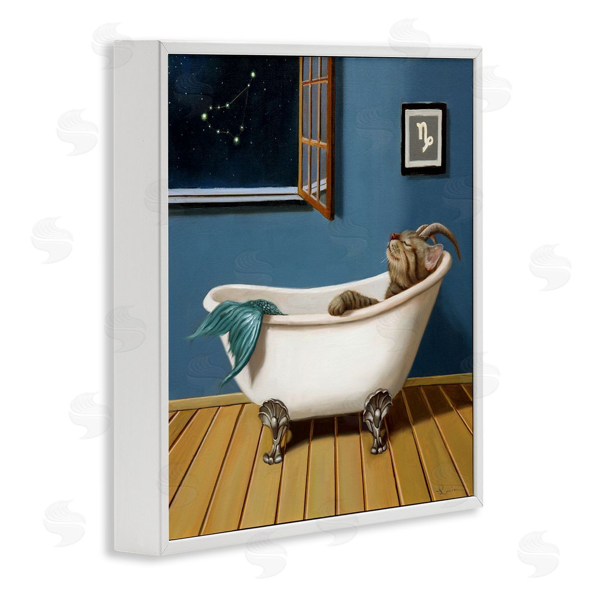 Lucia Heffernan Mystical Cat Mermaid Bath Capricorn Astrology Constellation White Framed Glicee Wall Art Print