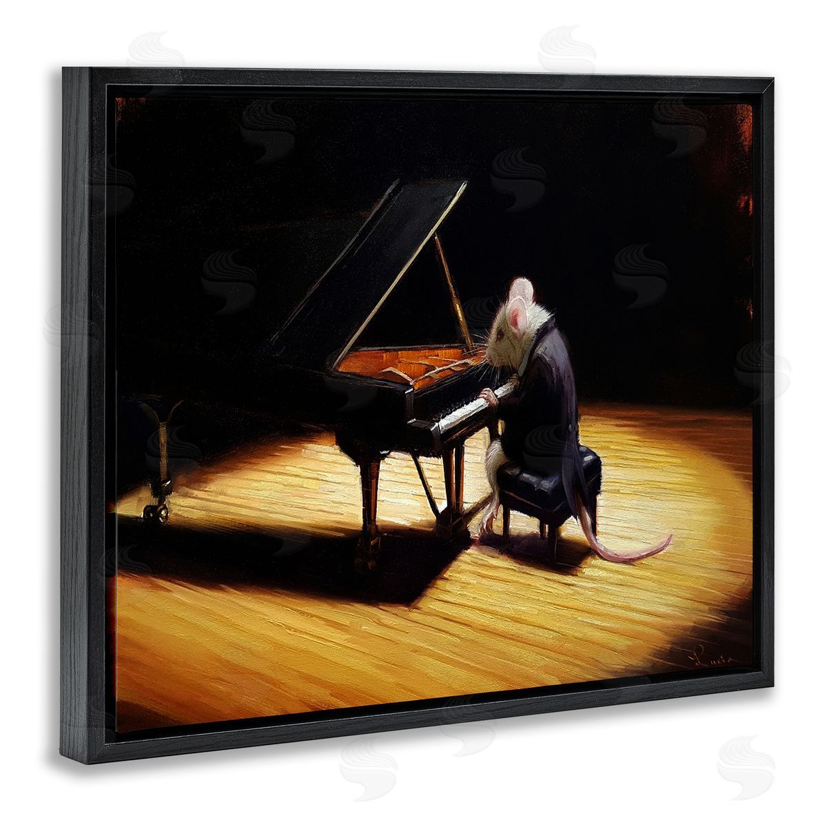 Lucia Heffernan Mouse Musician Playing Grand Piano Stage Spotlight Black Floating Frame Canvas Wall Art Print