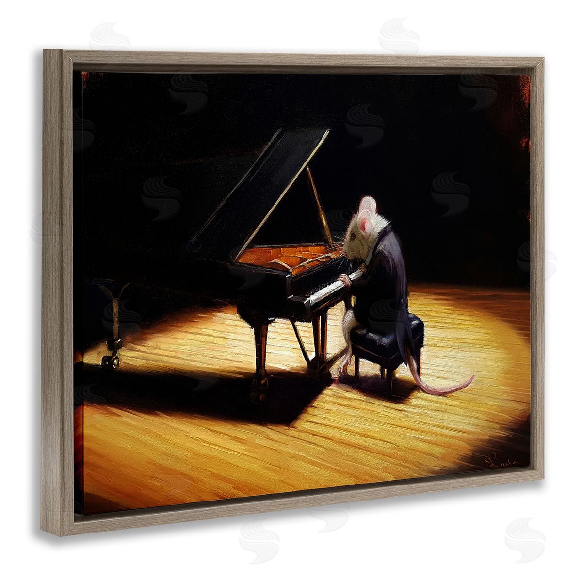 Lucia Heffernan Mouse Musician Playing Grand Piano Stage Spotlight Brown Floating Frame Canvas Wall Art Print