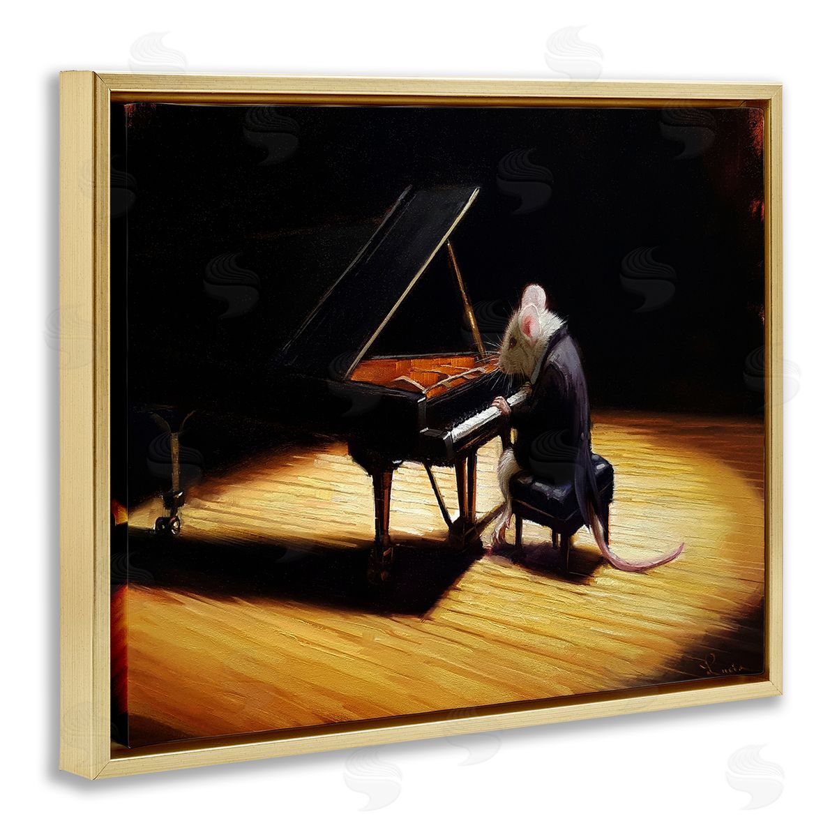 Lucia Heffernan Mouse Musician Playing Grand Piano Stage Spotlight Gold Floating Frame Canvas Wall Art Print