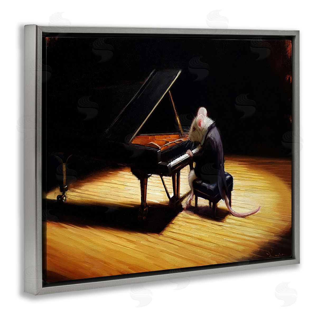 Lucia Heffernan Mouse Musician Playing Grand Piano Stage Spotlight Gray Floating Frame Canvas Wall Art Print