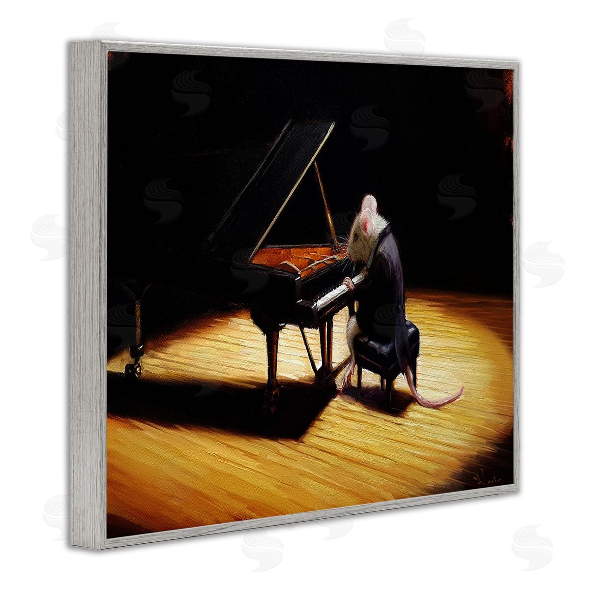 Lucia Heffernan Mouse Musician Playing Grand Piano Stage Spotlight Gray Framed Giclee Wall Art Print