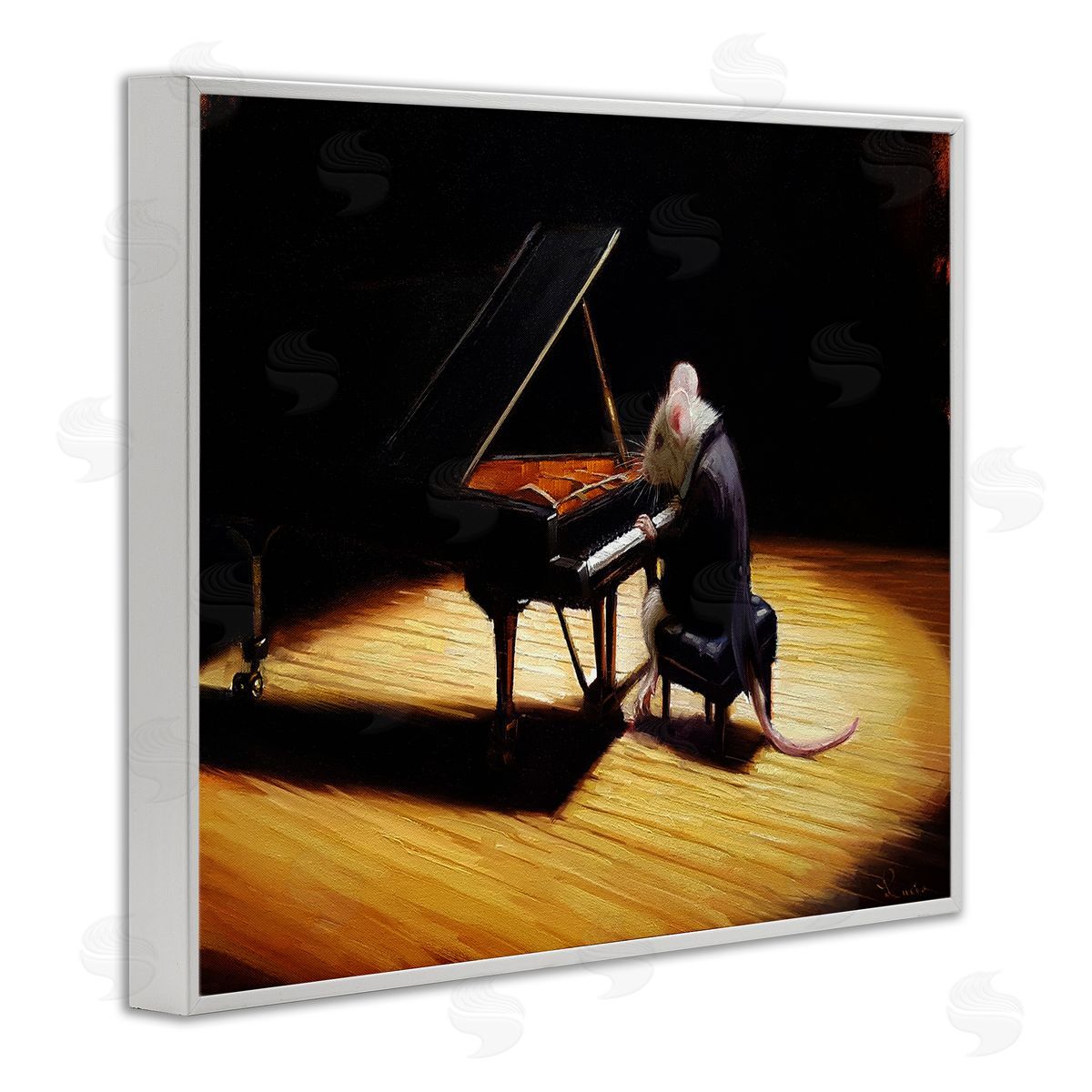 Lucia Heffernan Mouse Musician Playing Grand Piano Stage Spotlight White Framed Giclee Wall Art Print