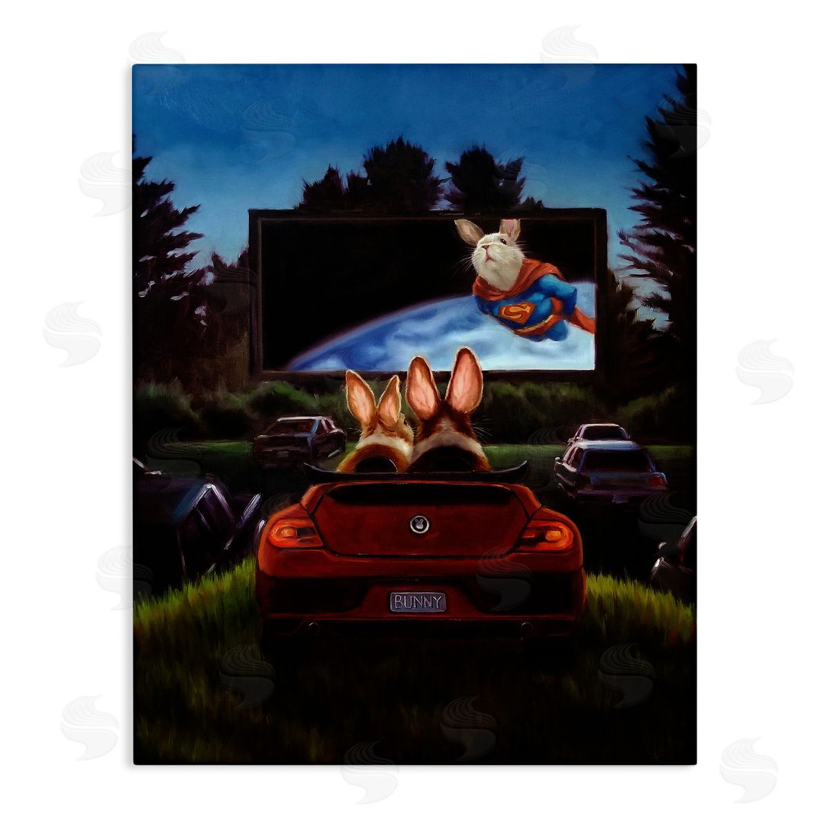 Lucia Heffernan Romantic Bunny Couple Drive-In Movie Date Animals Stretched Canvas Wall Art Print