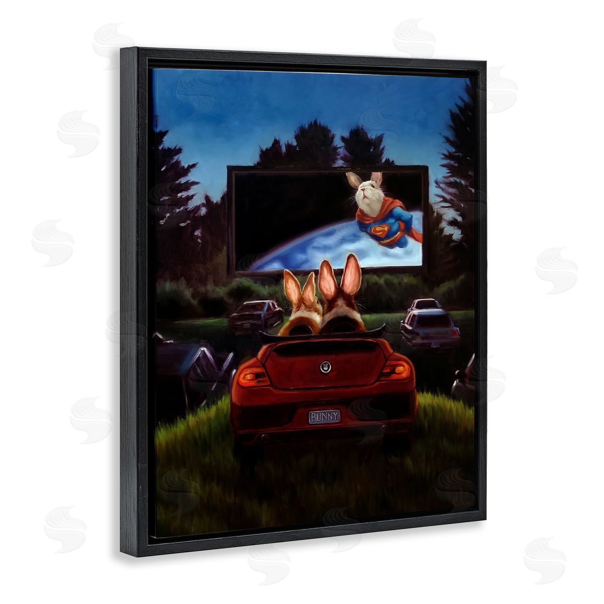 Lucia Heffernan Romantic Bunny Couple Drive-In Movie Date Animals Black Floating Frame Canvas Wall Art Print