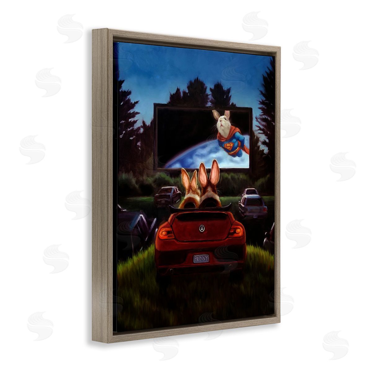 Lucia Heffernan Romantic Bunny Couple Drive-In Movie Date Animals Brown Floating Frame Canvas Wall Art Print