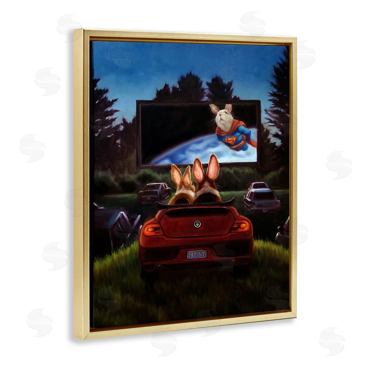 Lucia Heffernan Romantic Bunny Couple Drive-In Movie Date Animals Gold Floating Frame Canvas Wall Art Print