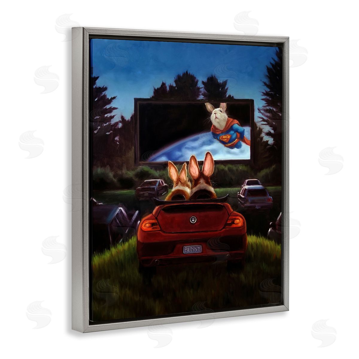 Lucia Heffernan Romantic Bunny Couple Drive-In Movie Date Animals Gray Floating Frame Canvas Wall Art Print