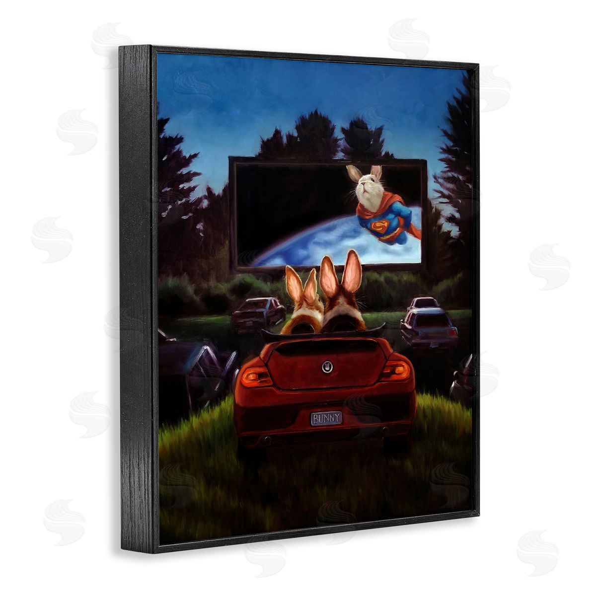 Lucia Heffernan Romantic Bunny Couple Drive-In Movie Date Animals Black Framed Giclee Wall Art Print