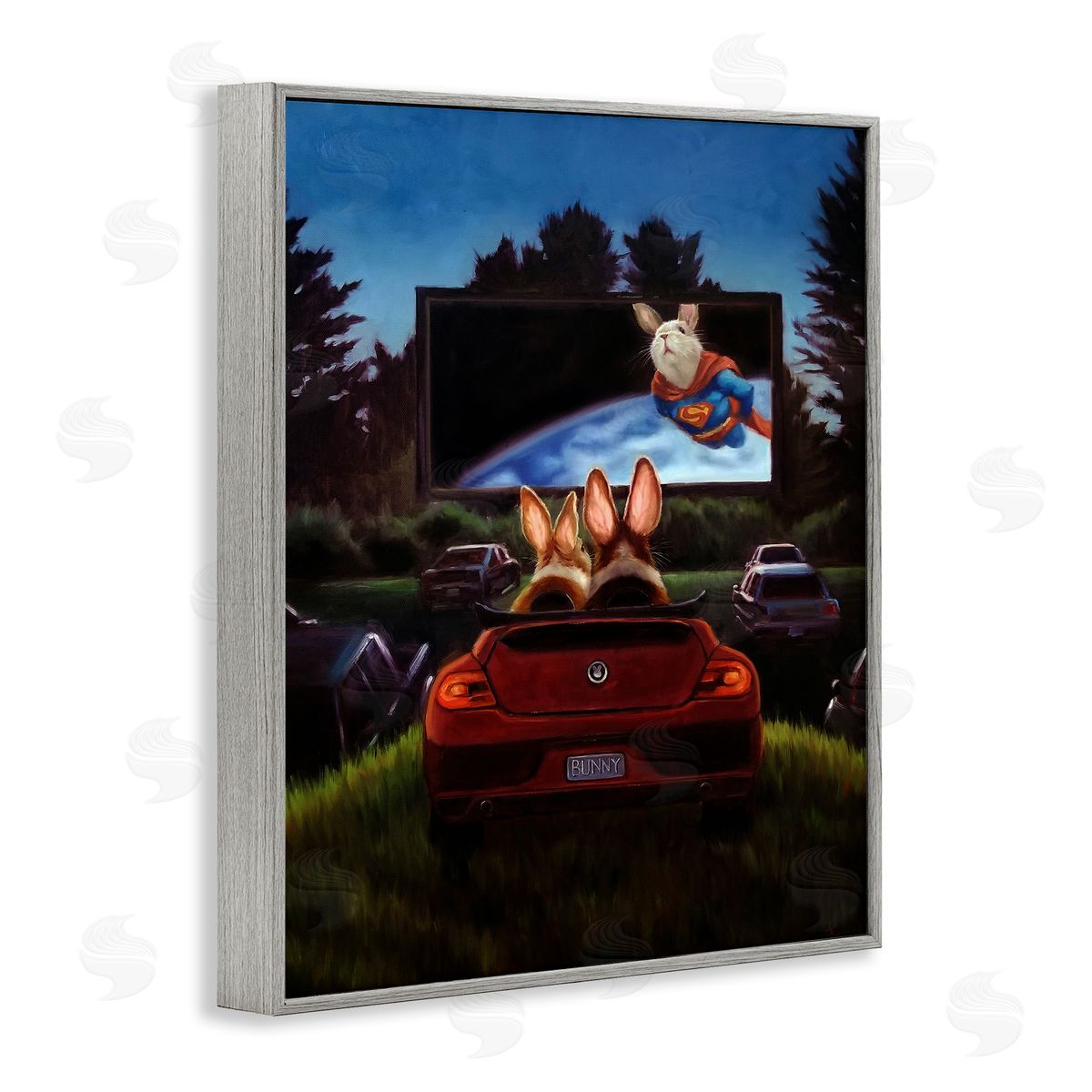 Lucia Heffernan Romantic Bunny Couple Drive-In Movie Date Animals Gray Framed Giclee Wall Art Print