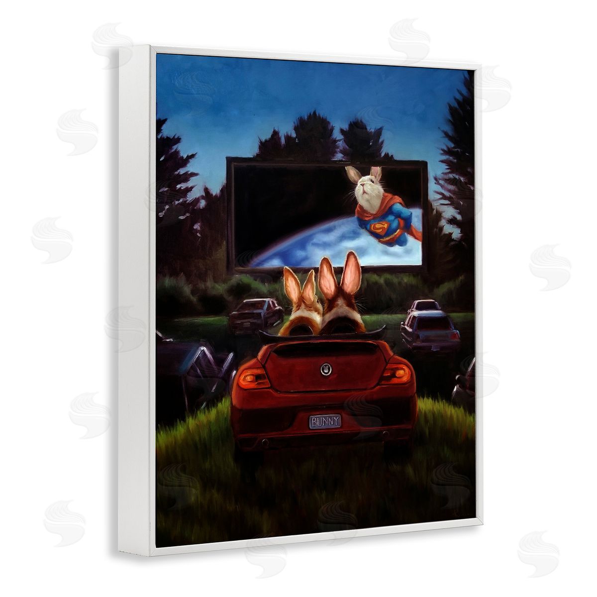 Lucia Heffernan Romantic Bunny Couple Drive-In Movie Date Animals White Framed Giclee Wall Art Print