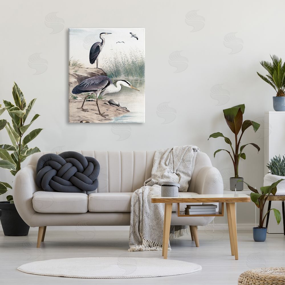 Piddix Heron Birds on Lake Shore Pampas Grass Nature Canvas Wall Art Print in Room