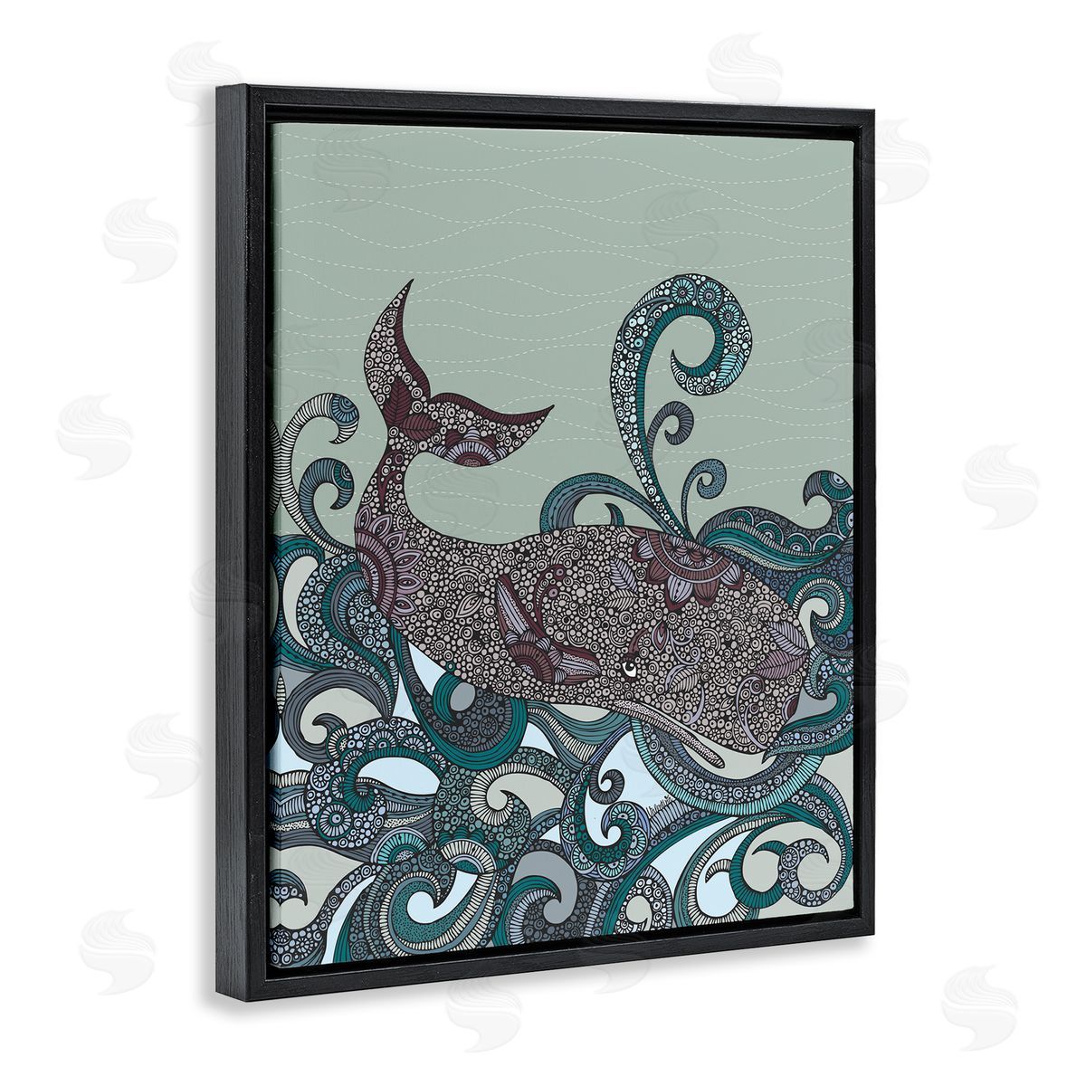 Valentina Harper Nautical Whale Surrounded Intricate Patterned Swirl Shapes  Black Floating Frame Canvas Wall Art Print