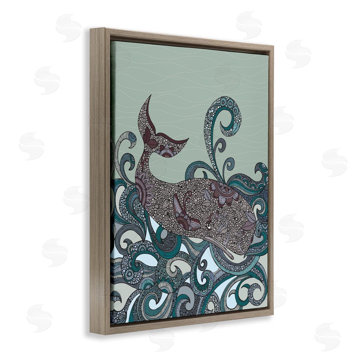 Valentina Harper Nautical Whale Surrounded Intricate Patterned Swirl Shapes  Brown Floating Frame Canvas Wall Art Print