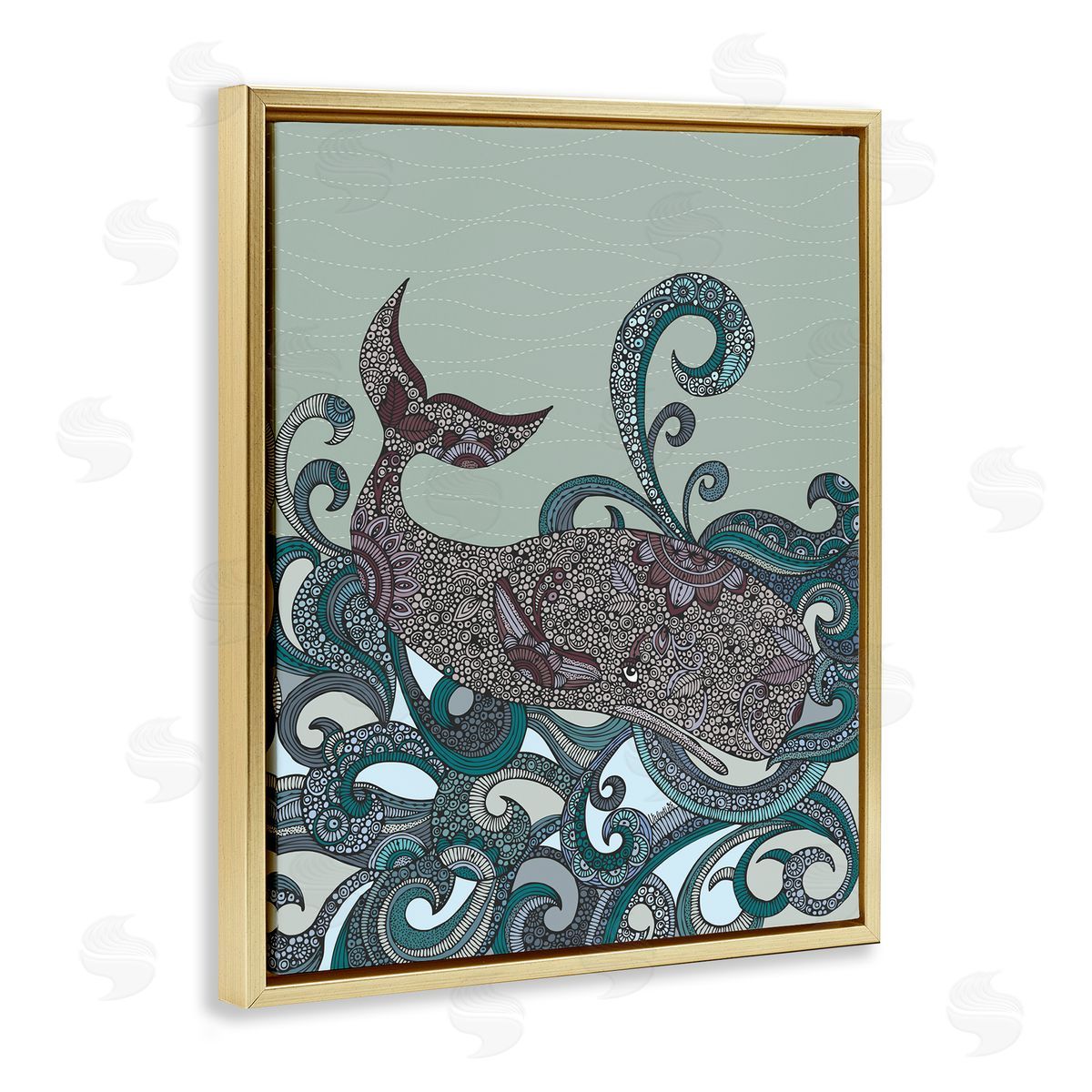 Valentina Harper Nautical Whale Surrounded Intricate Patterned Swirl Shapes  Gold Floating Frame Canvas Wall Art Print