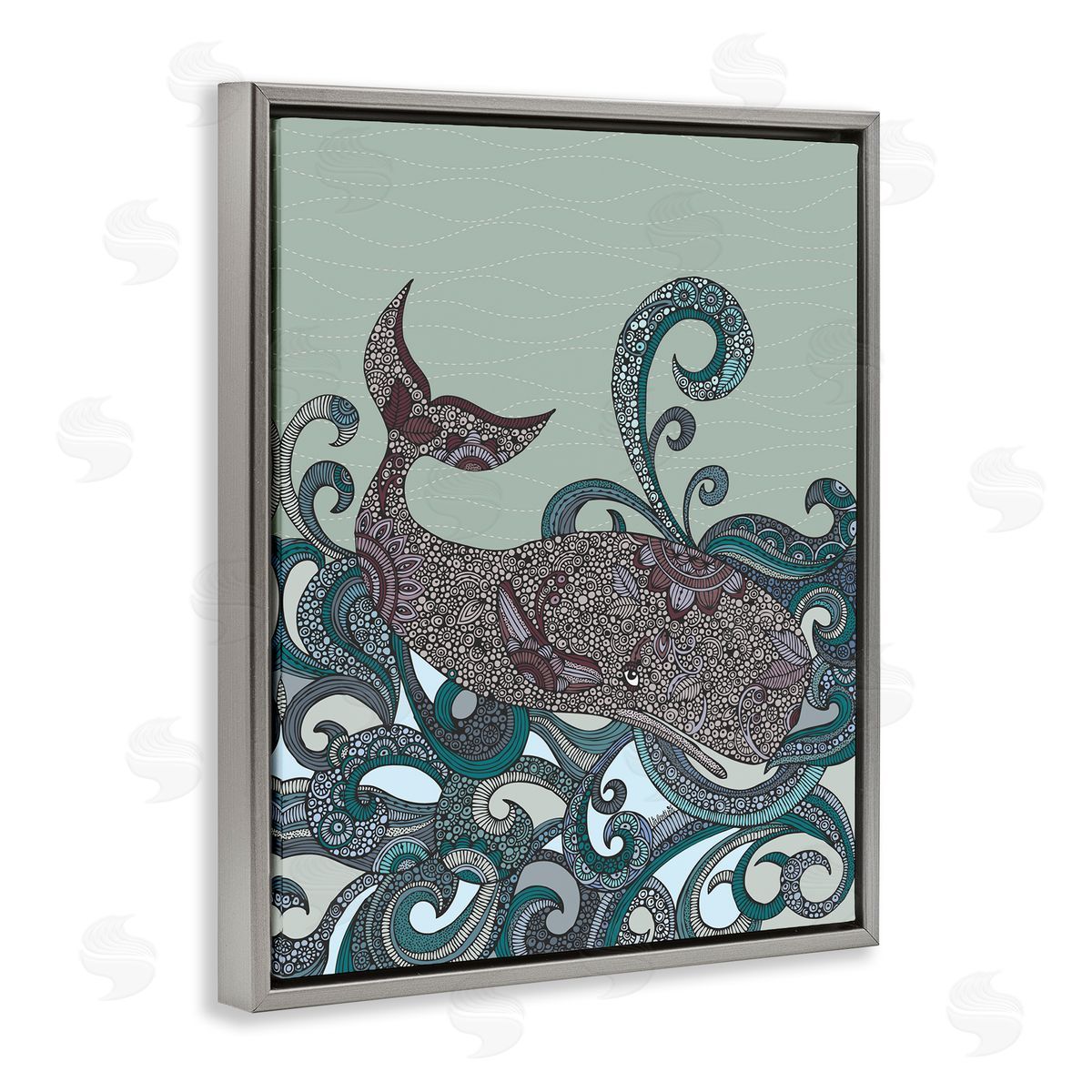Valentina Harper Nautical Whale Surrounded Intricate Patterned Swirl Shapes  Gray Floating Frame Canvas Wall Art Print