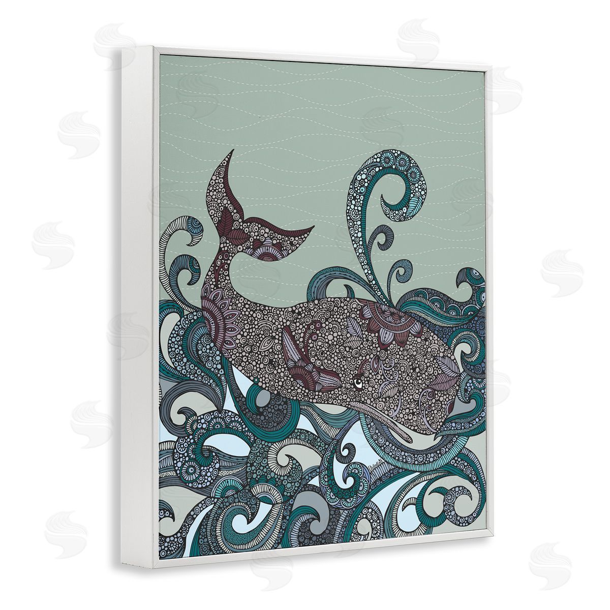 Valentina Harper Nautical Whale Surrounded Intricate Patterned Swirl Shapes  White Framed Giclee Wall Art Print