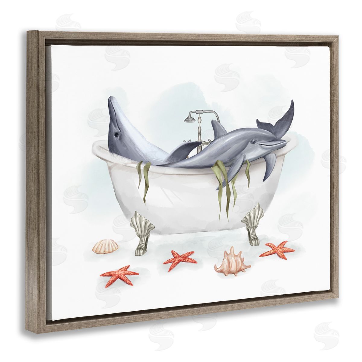 Relaxing Dolphins Swimming Bathtub Brown Floating Frame Canvas Wall Art, Home Decor by Ziwei Li