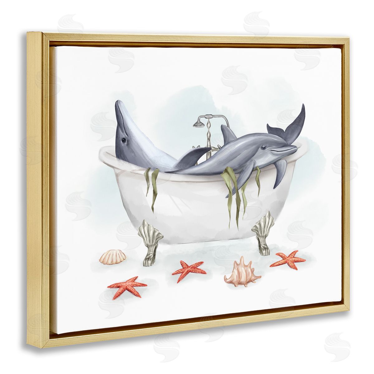 Relaxing Dolphins Swimming Bathtub Gold Floating Frame Canvas Wall Art, Home Decor by Ziwei Li