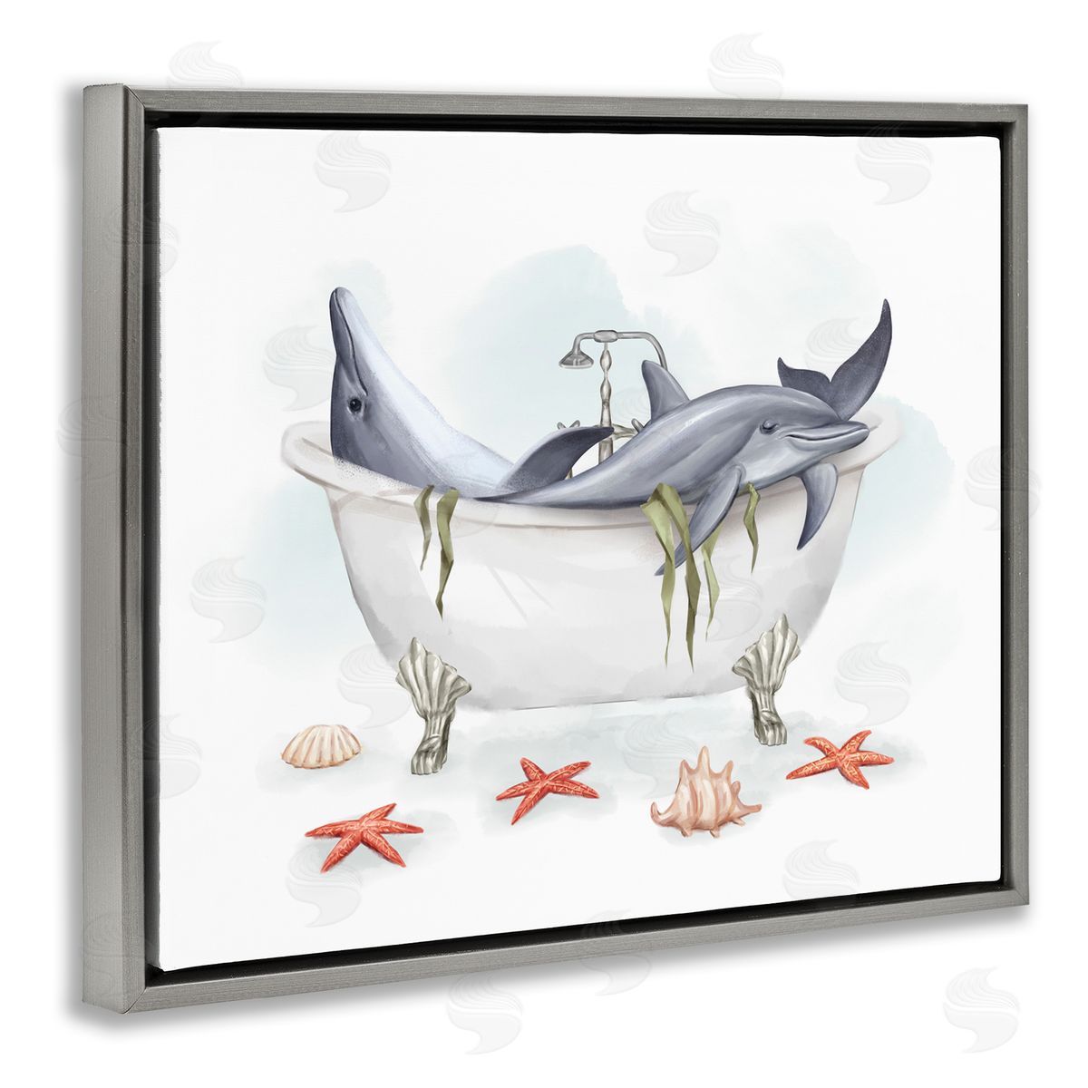 Relaxing Dolphins Swimming Bathtub Grey Floating Frame Canvas Wall Art, Home Decor by Ziwei Li