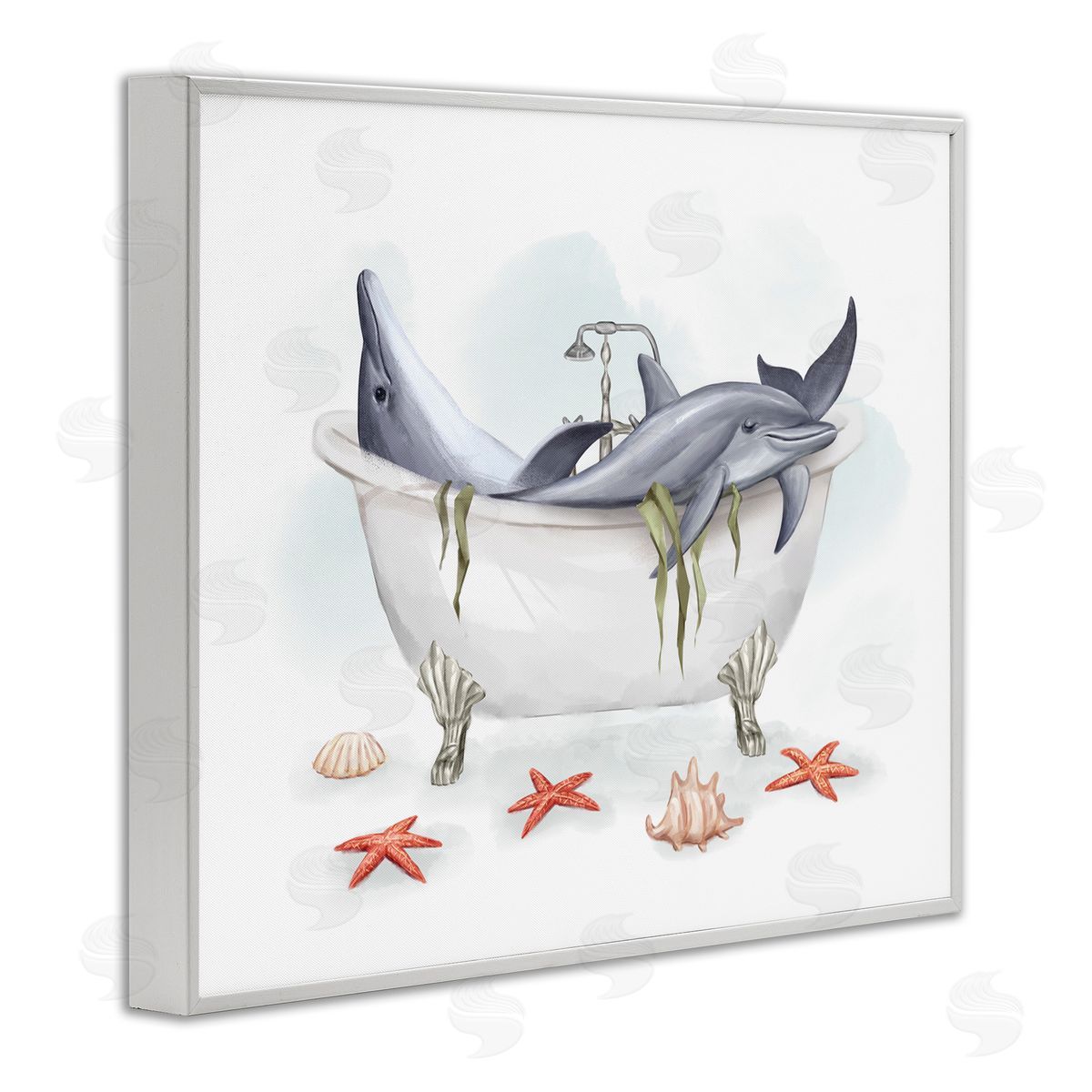 Relaxing Dolphins Swimming Bathtub White Frame Print Wall Art, Home Decor by Ziwei Li