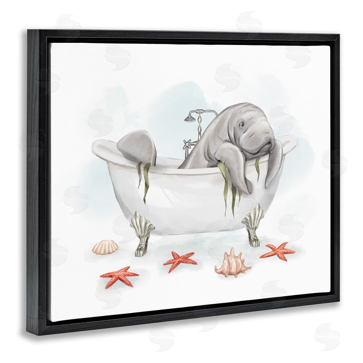 Manatee Sea Life in Bathtub Black Floating Frame Canvas Wall Art, Home Decor by Ziwei Li