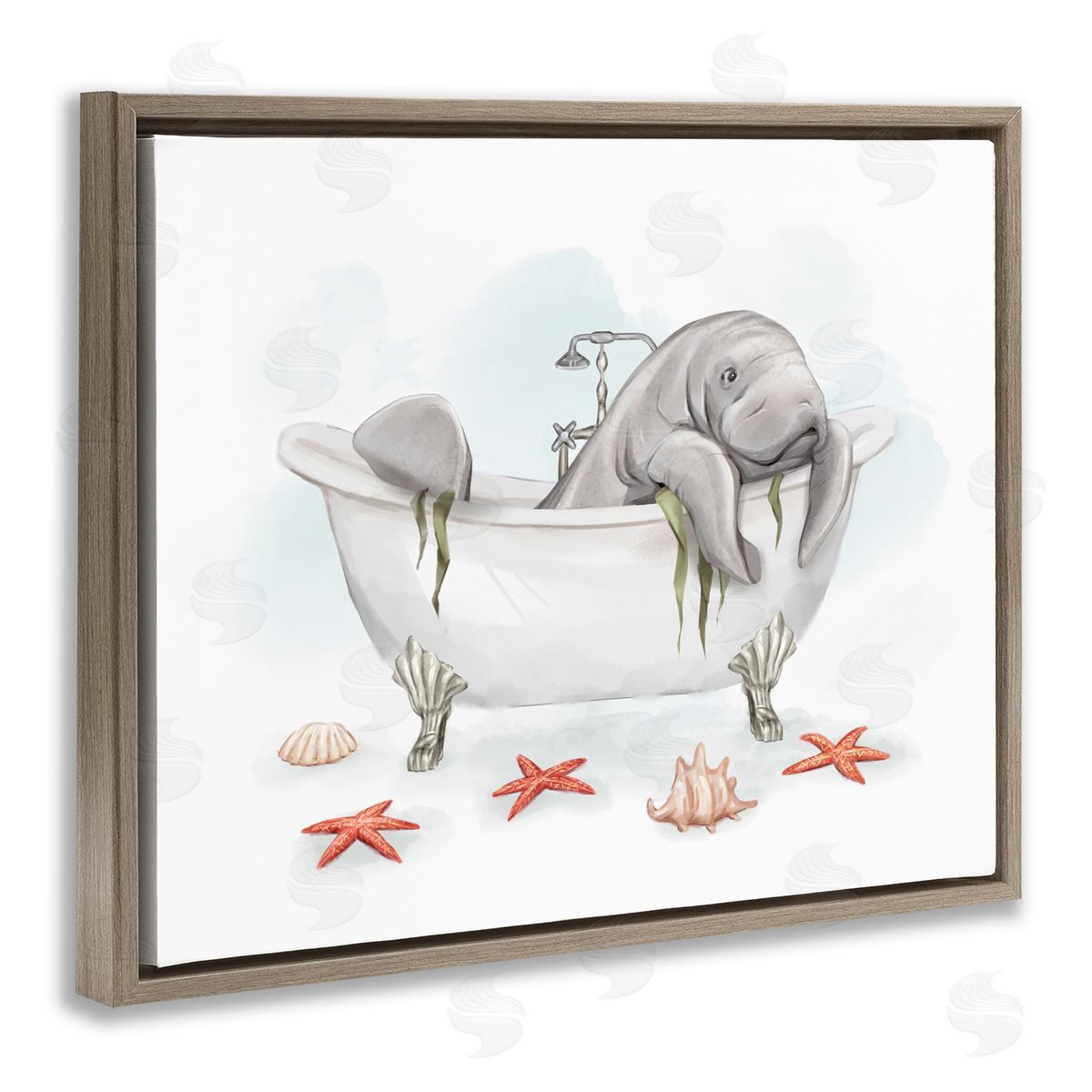 Manatee Sea Life in Bathtub Brown Floating Frame Canvas Wall Art, Home Decor by Ziwei Li
