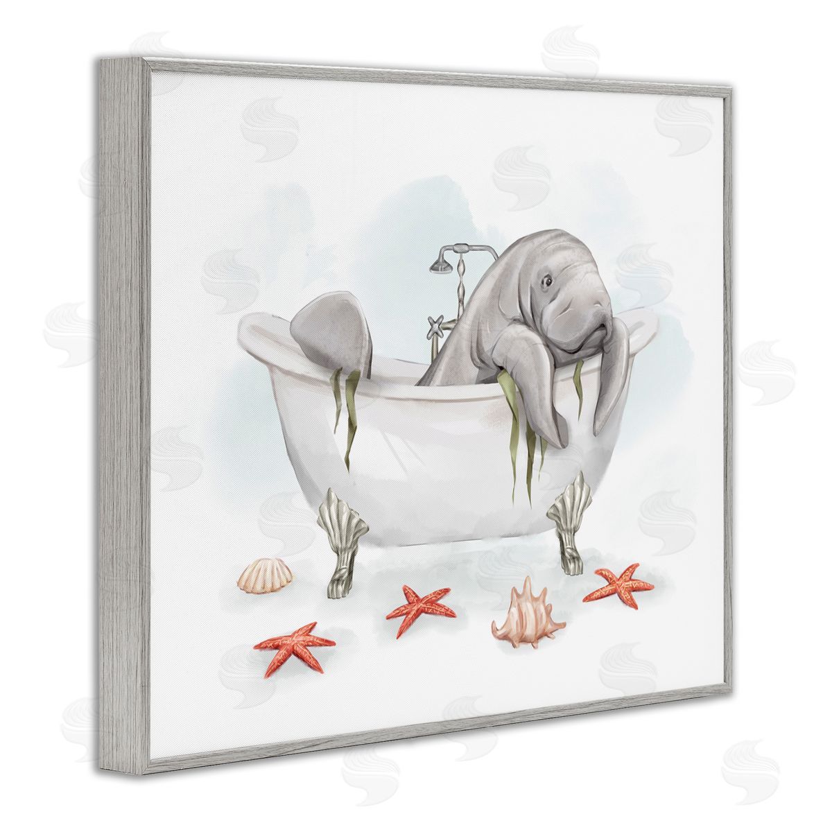 Manatee Sea Life in Bathtub Grey Frame Print Wall Art, Home Decor by Ziwei Li