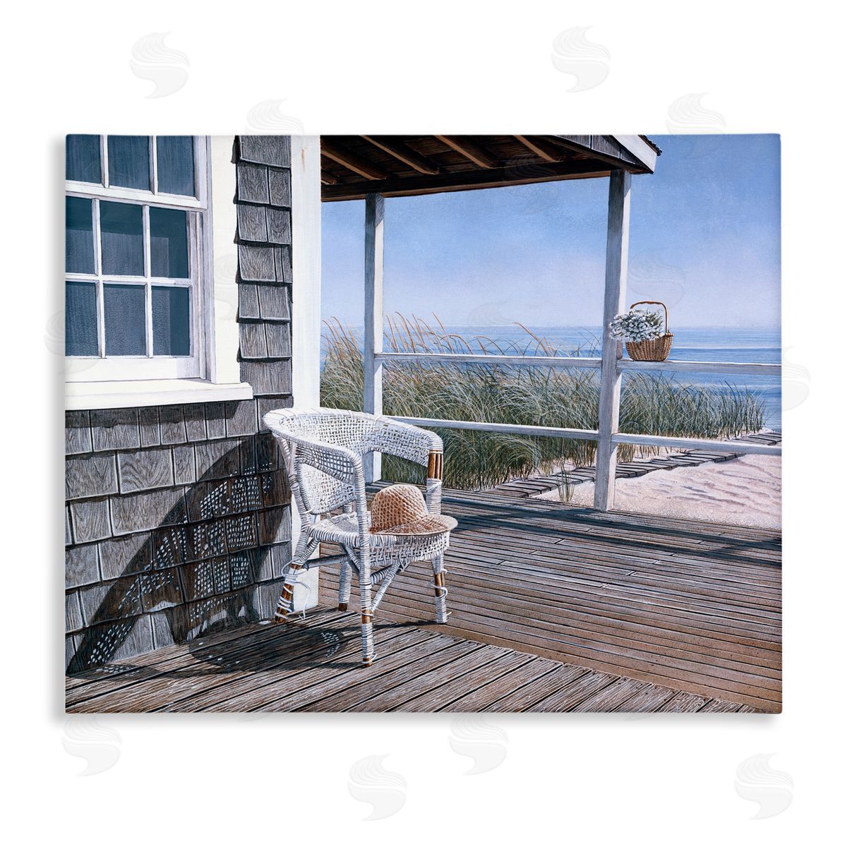 Tom Mielko Coastal Cottage Porch Chair Seaside Boardwalk Scenery Stretched Canvas Wall Art Print