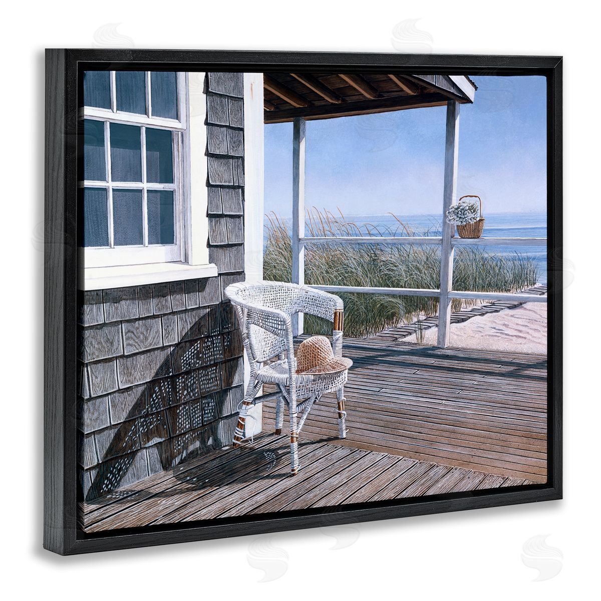 Tom Mielko Coastal Cottage Porch Chair Seaside Boardwalk Scenery Black Floating Frame Canvas Wall Art Print